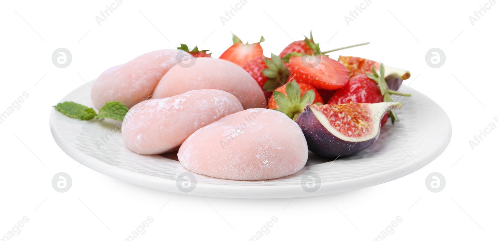 Photo of Delicious mochi, strawberries, fig and mint isolated on white