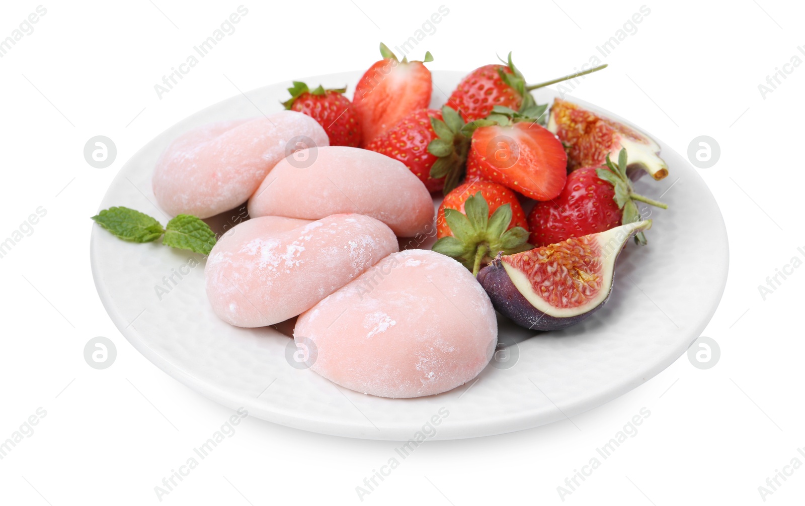 Photo of Delicious mochi, strawberries, fig and mint isolated on white