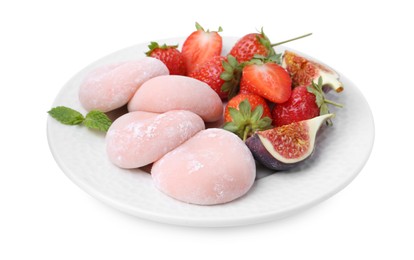 Delicious mochi, strawberries, fig and mint isolated on white