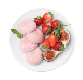 Photo of Delicious mochi, strawberries, fig and mint isolated on white, top view