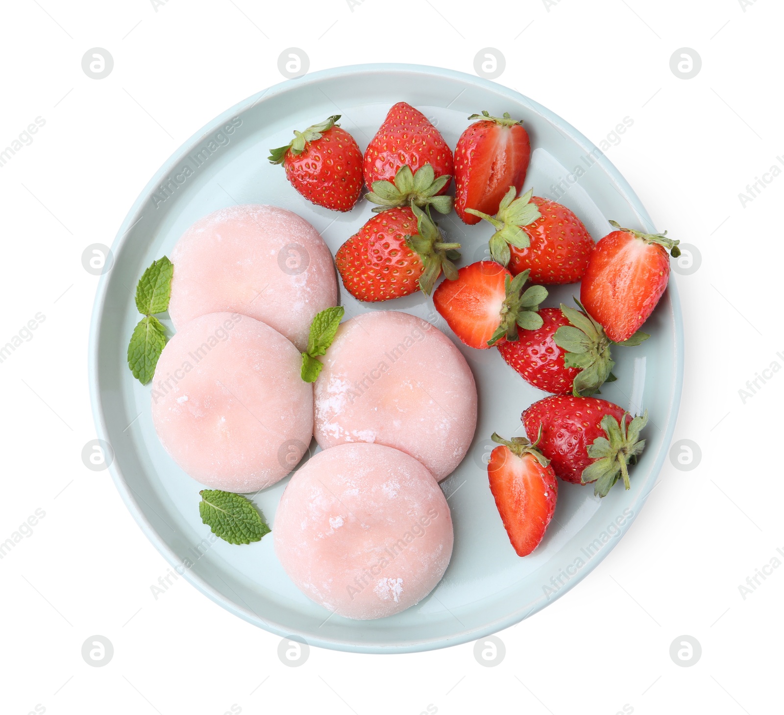 Photo of Delicious mochi, strawberries and mint isolated on white, top view