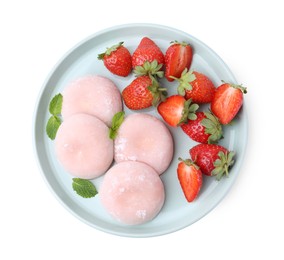 Photo of Delicious mochi, strawberries and mint isolated on white, top view