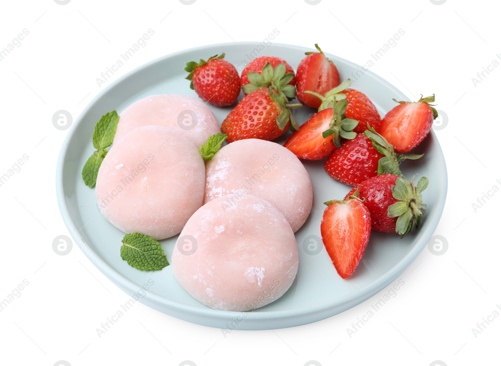 Photo of Delicious mochi, strawberries and mint isolated on white