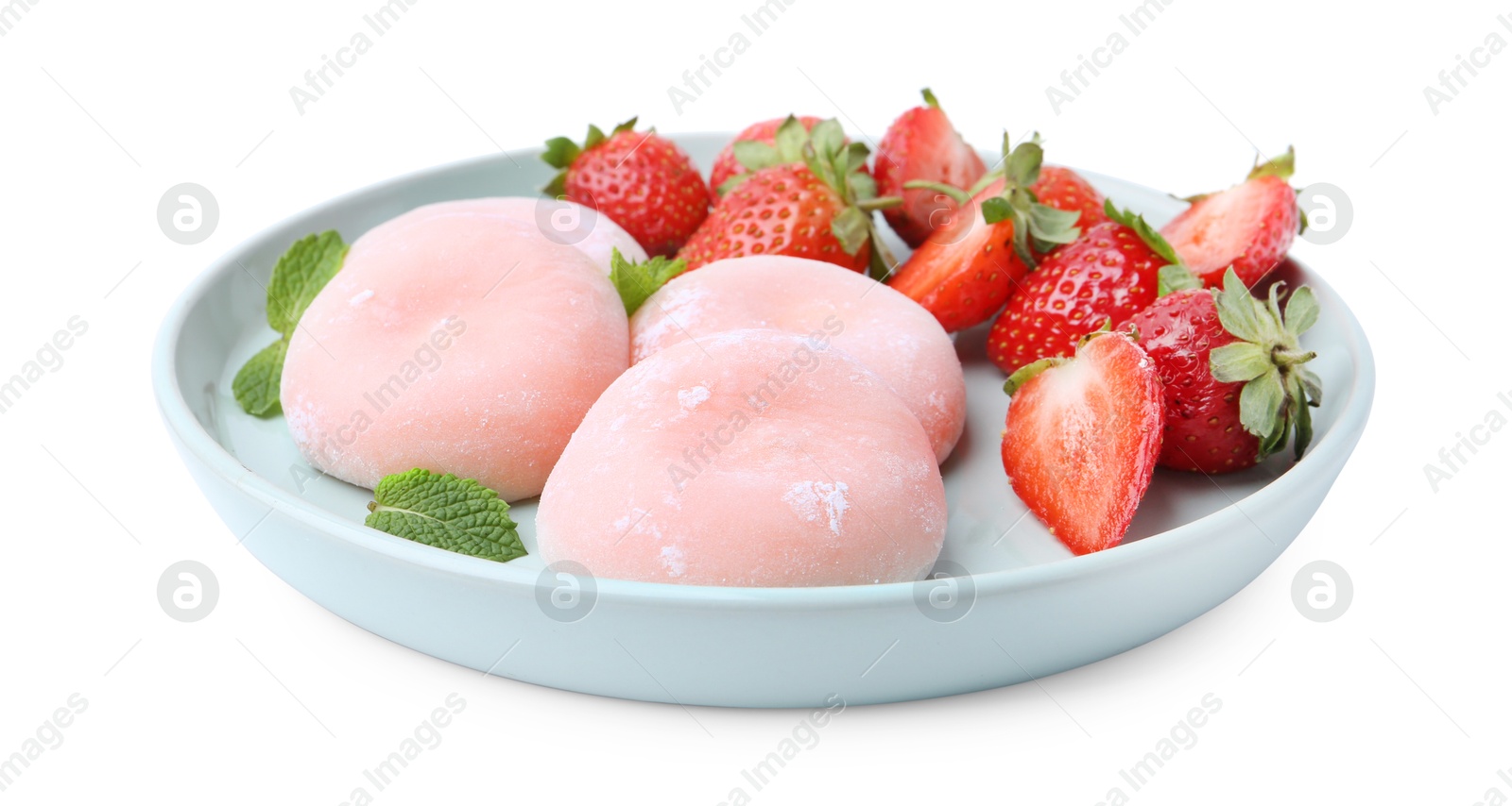 Photo of Delicious mochi, strawberries and mint isolated on white