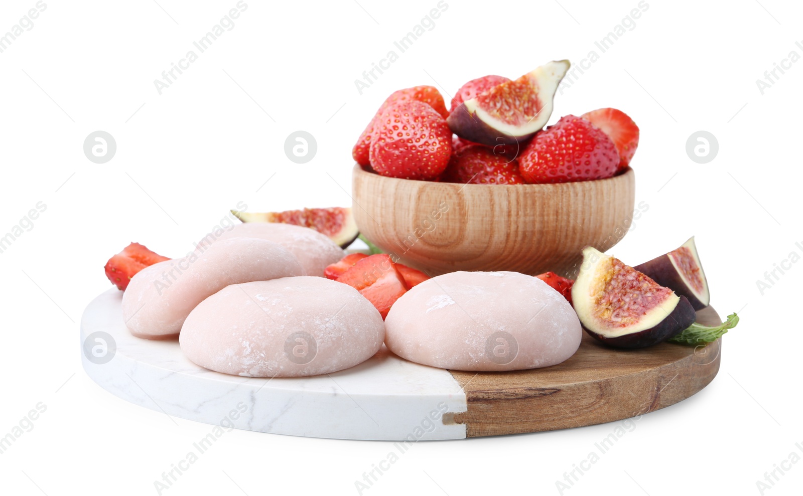 Photo of Delicious mochi, strawberries and figs isolated on white