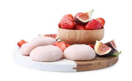 Photo of Delicious mochi, strawberries and figs isolated on white