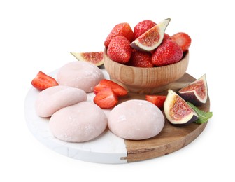 Photo of Delicious mochi, strawberries and figs isolated on white