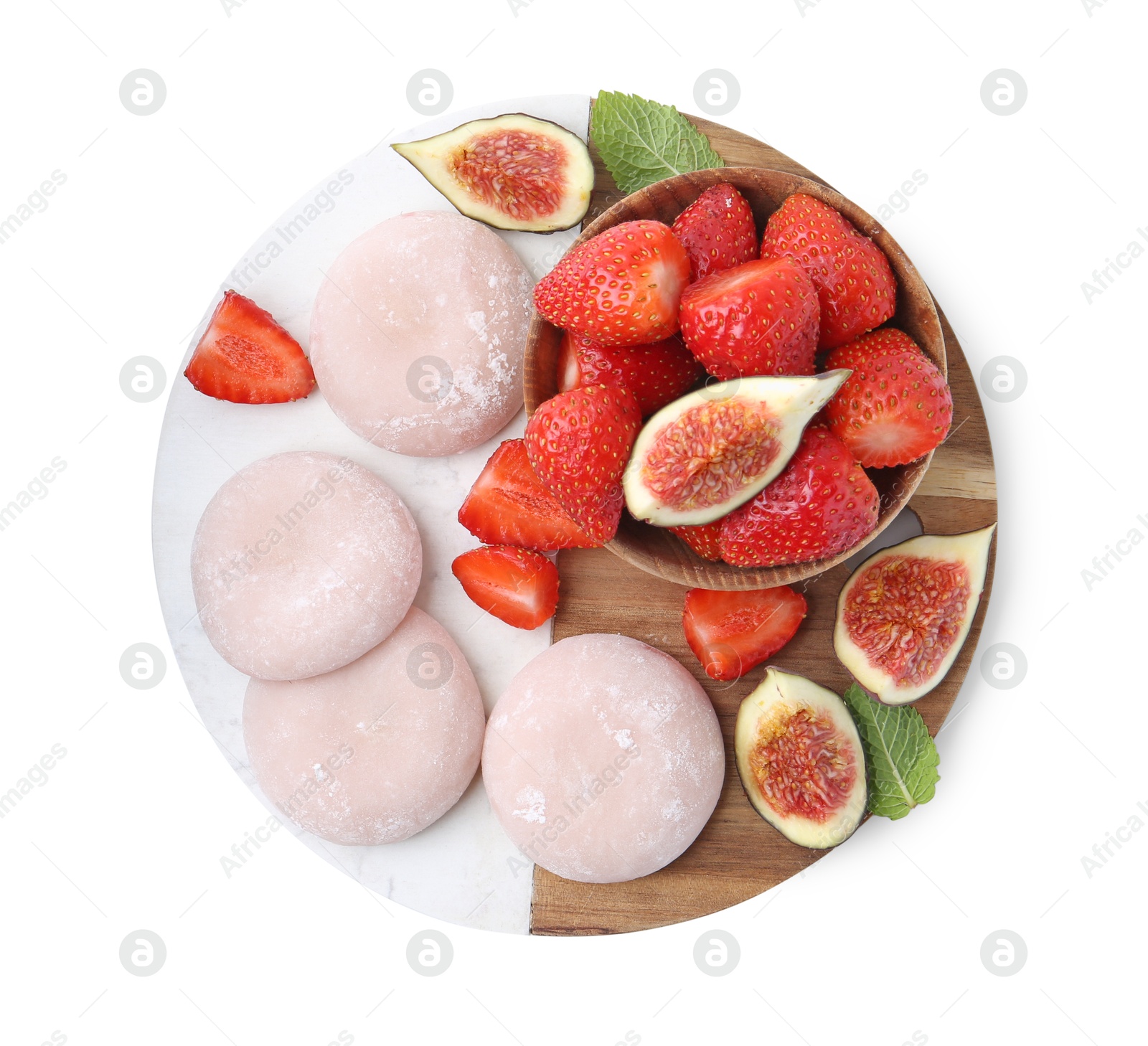 Photo of Delicious mochi, strawberries and figs isolated on white, top view