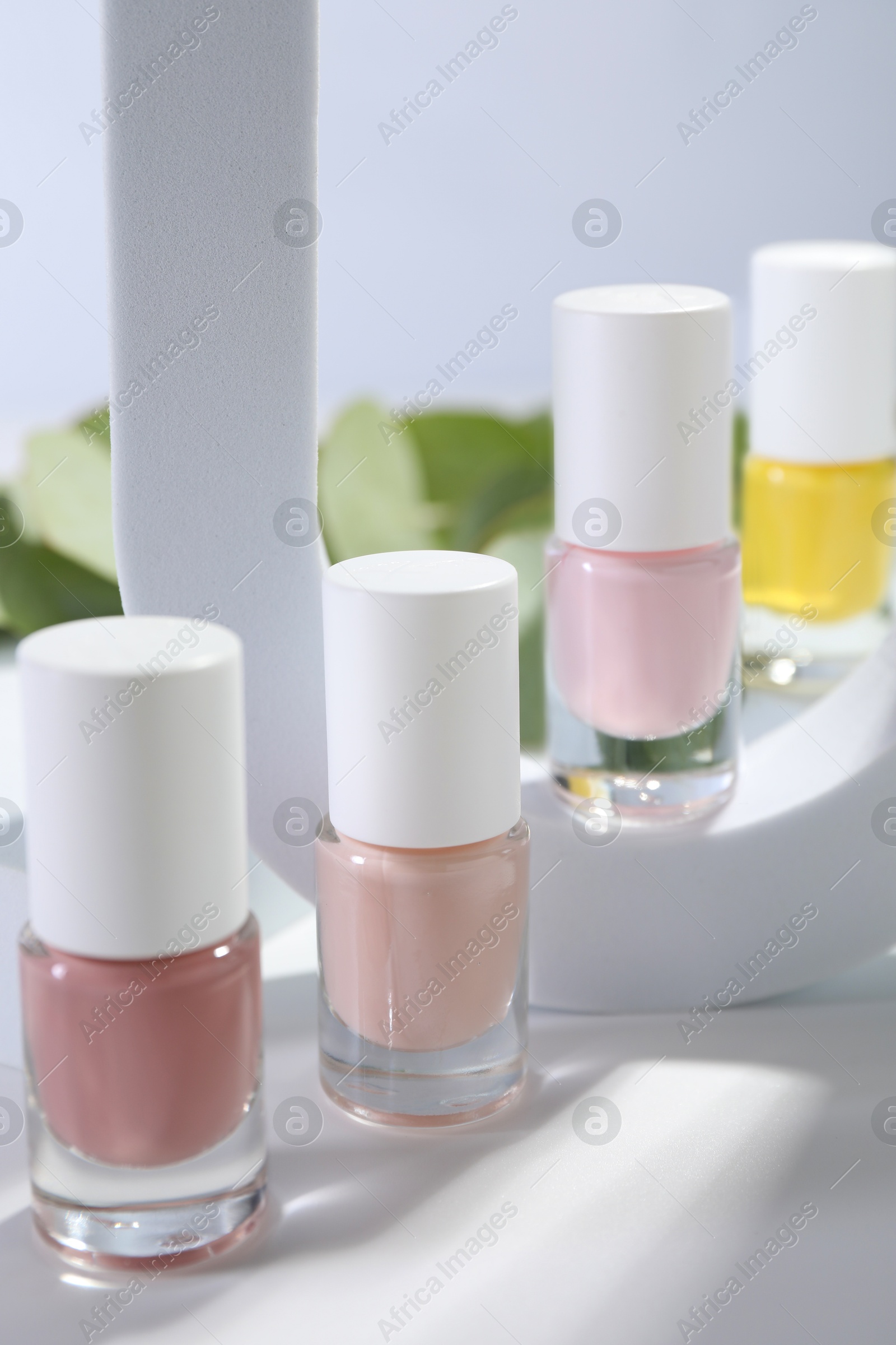 Photo of Stylish presentation of nail polishes in bottles on white table