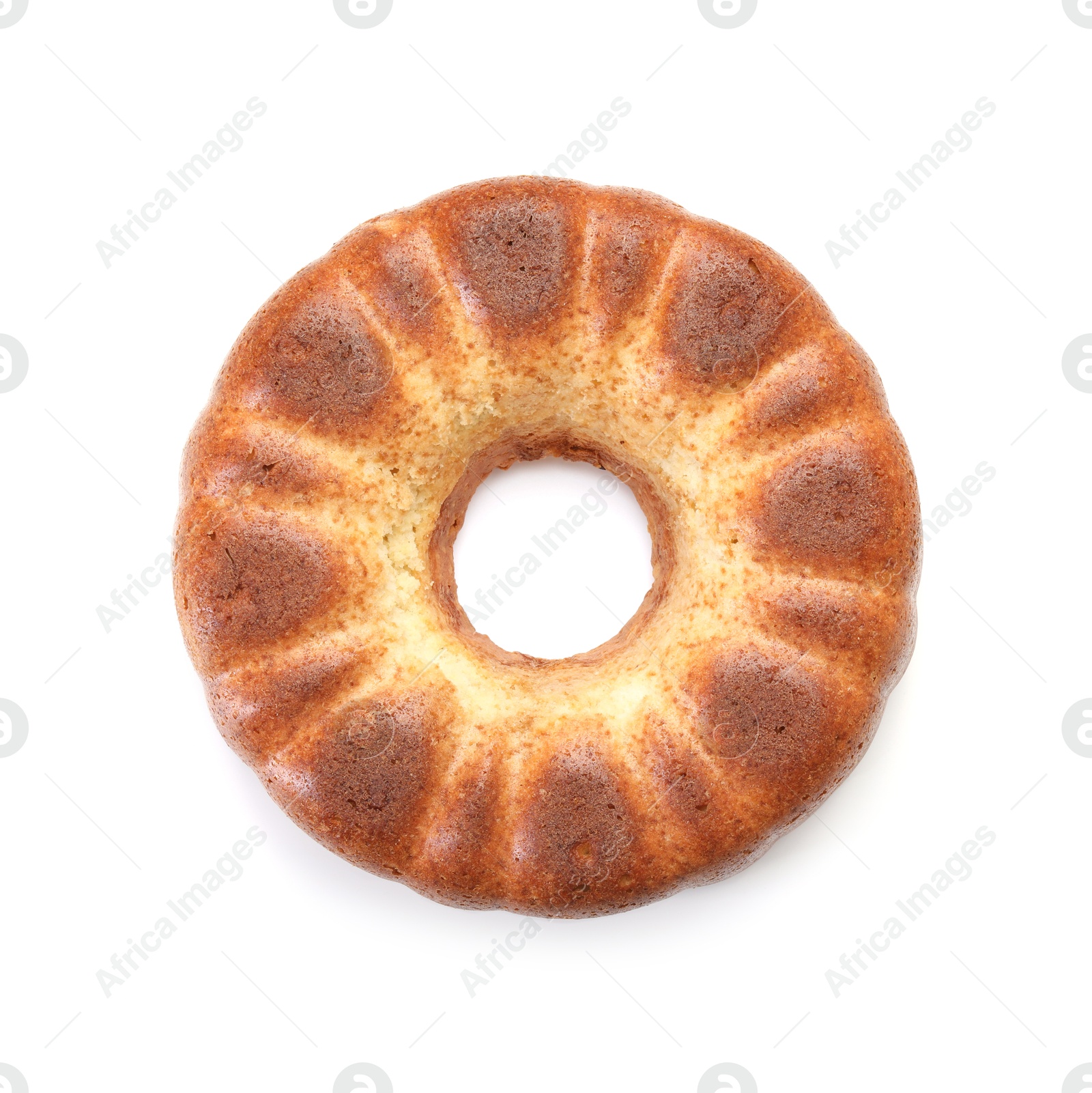 Photo of Freshly baked sponge cake isolated on white, top view