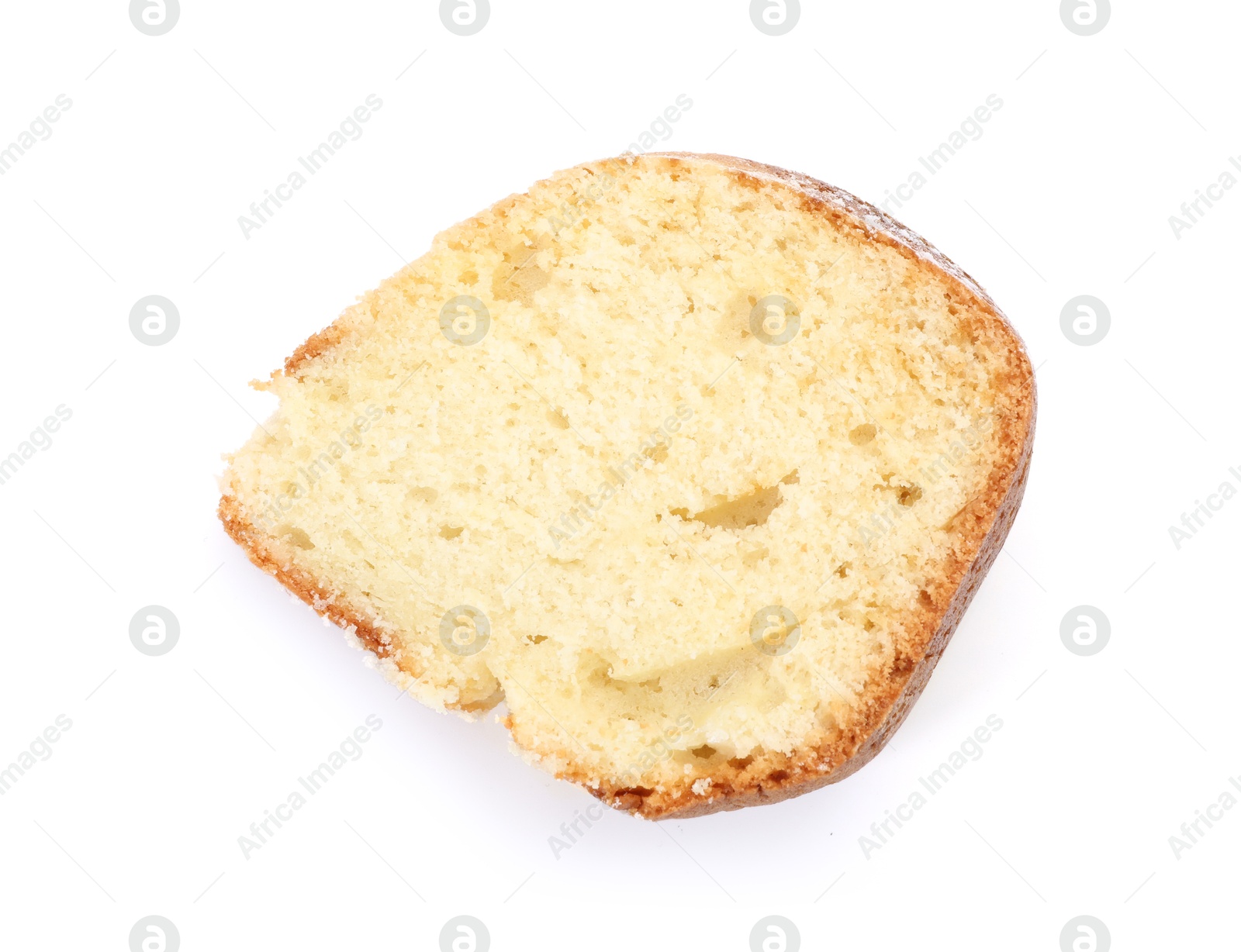 Photo of Piece of freshly baked sponge cake isolated on white, top view