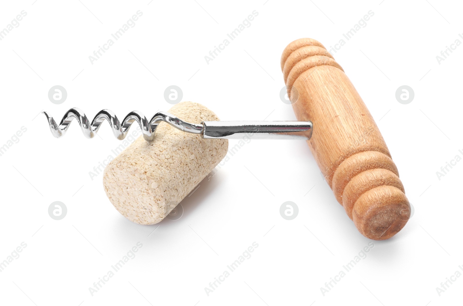 Photo of Corkscrew with wooden handle and cork isolated on white