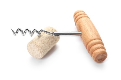 Photo of Corkscrew with wooden handle and cork isolated on white