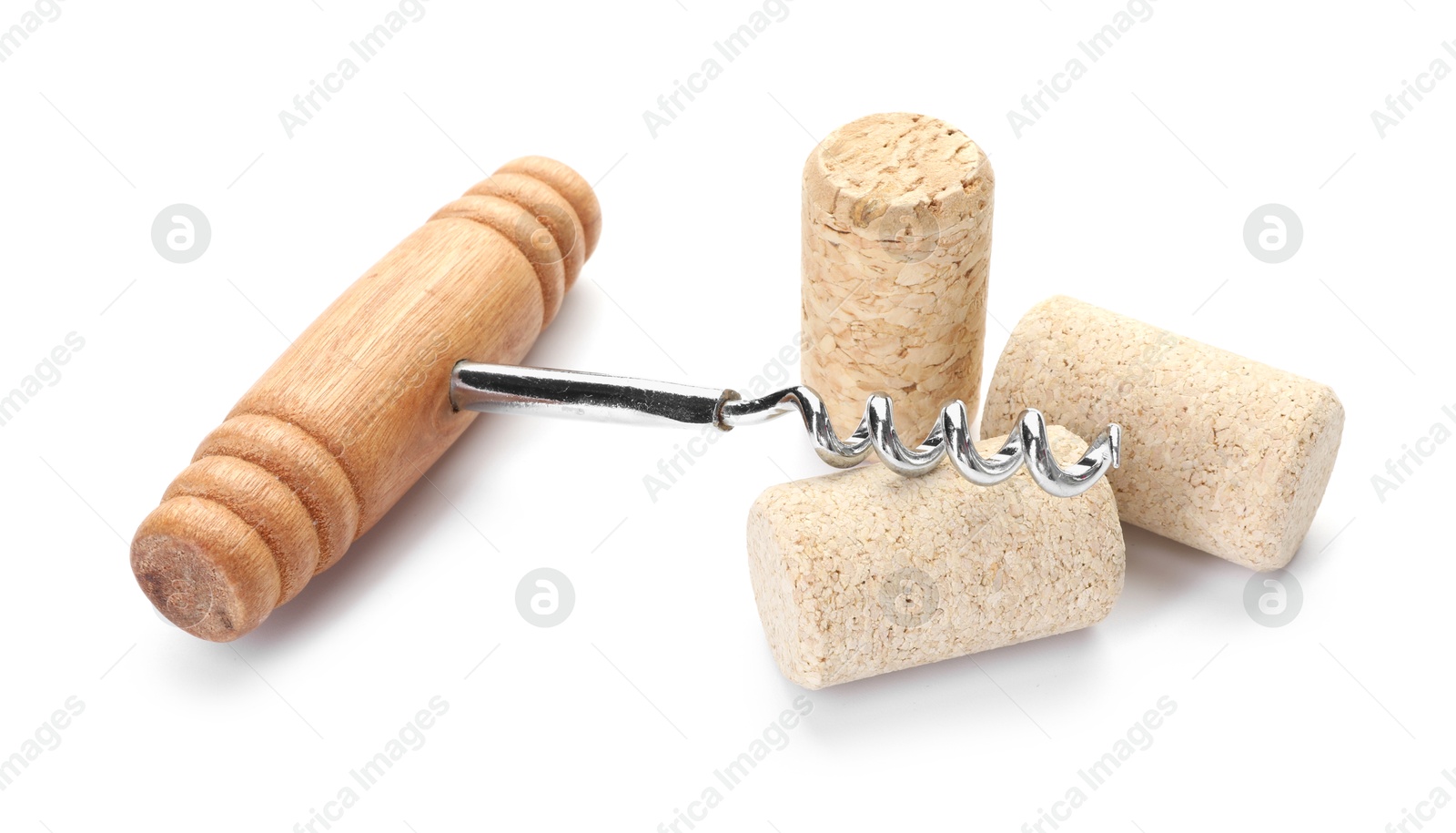 Photo of Corkscrew with wooden handle and corks isolated on white