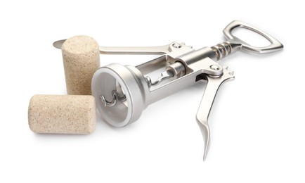 Wing corkscrew and corks isolated on white