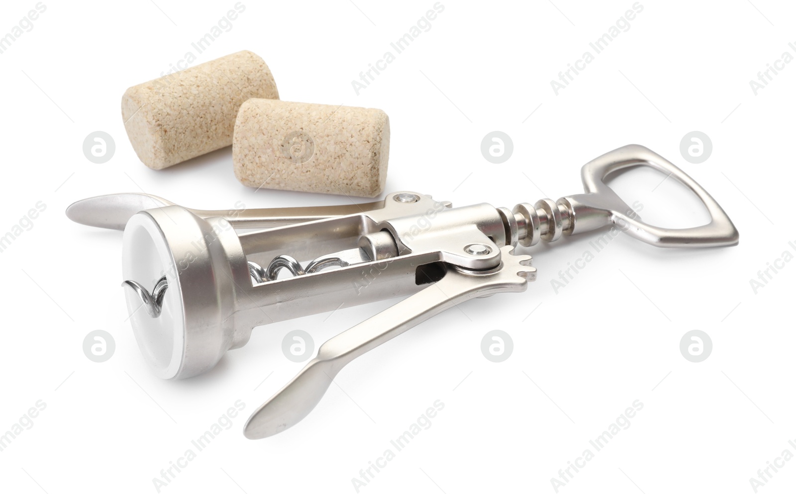 Photo of Wing corkscrew and corks isolated on white