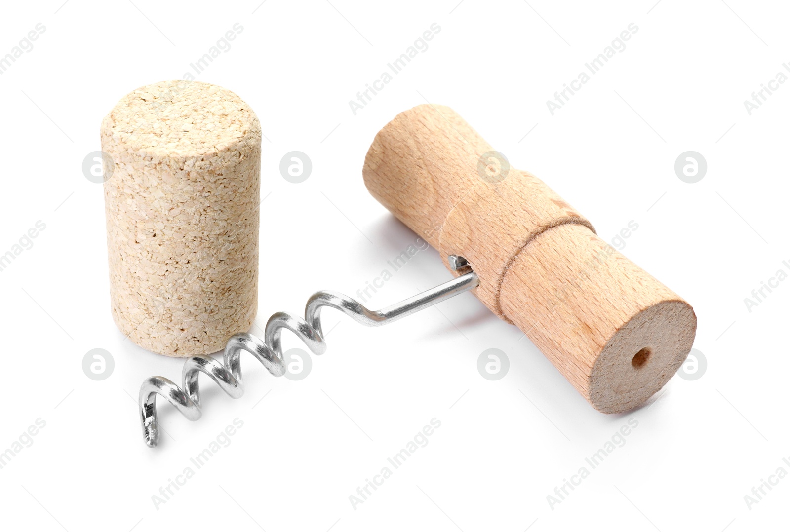 Photo of Corkscrew with wooden handle and cork isolated on white