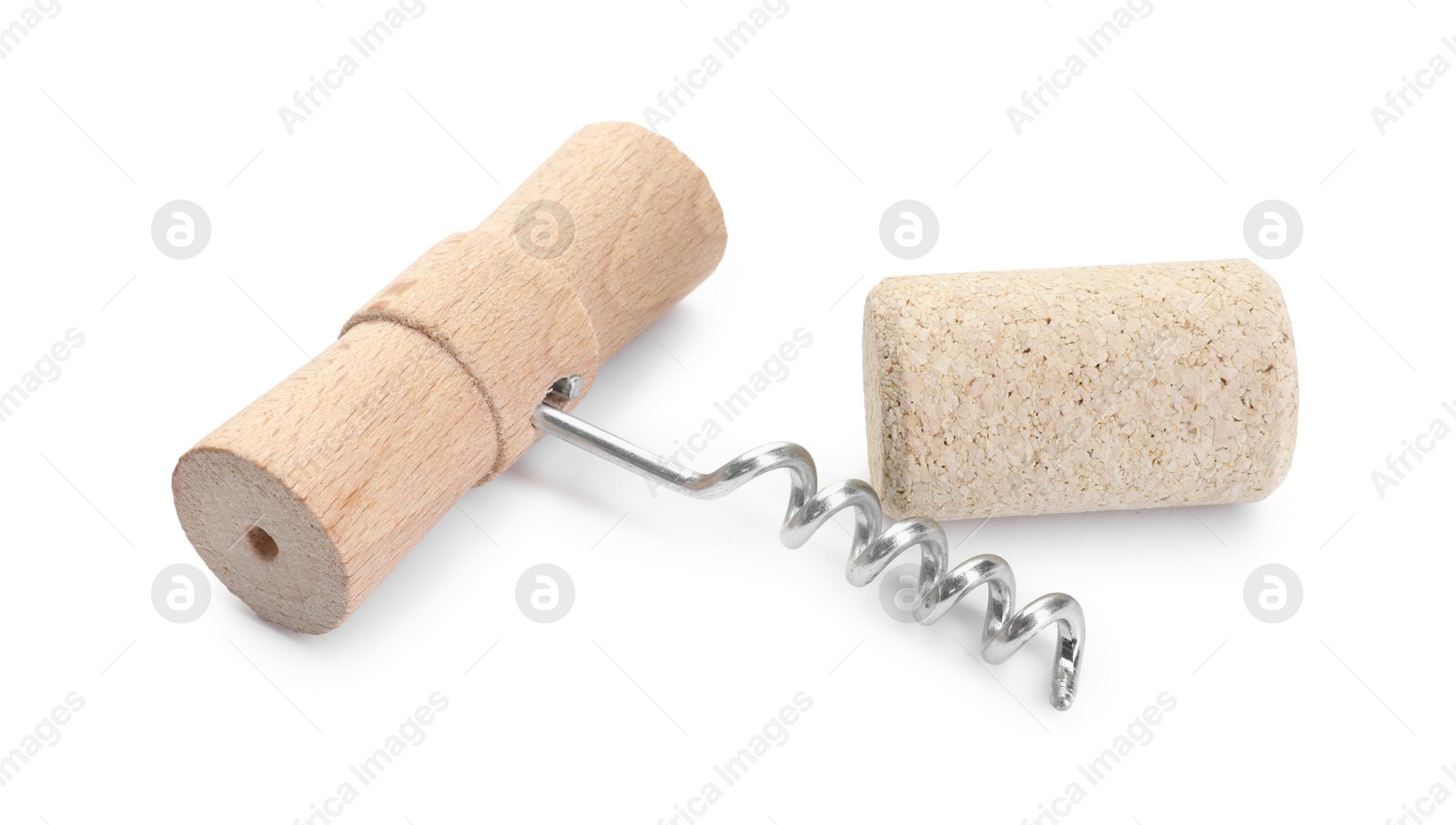 Photo of Corkscrew with wooden handle and cork isolated on white