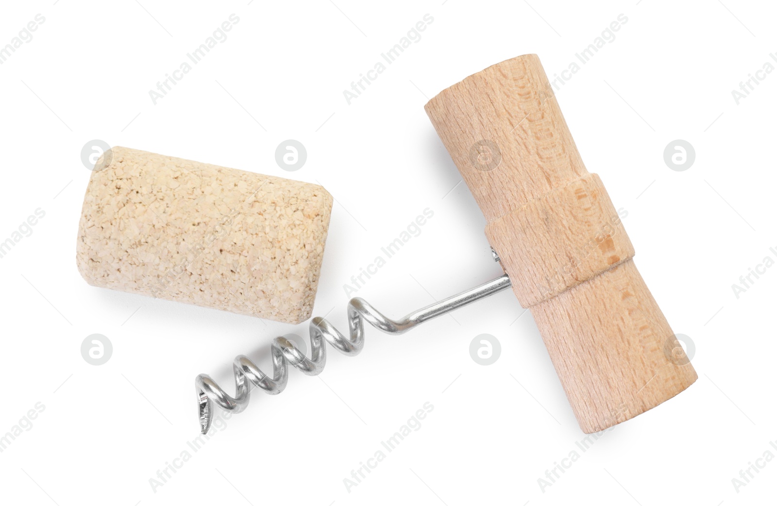 Photo of Corkscrew with wooden handle and cork isolated on white, top view