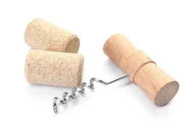 Photo of Corkscrew with wooden handle and corks isolated on white