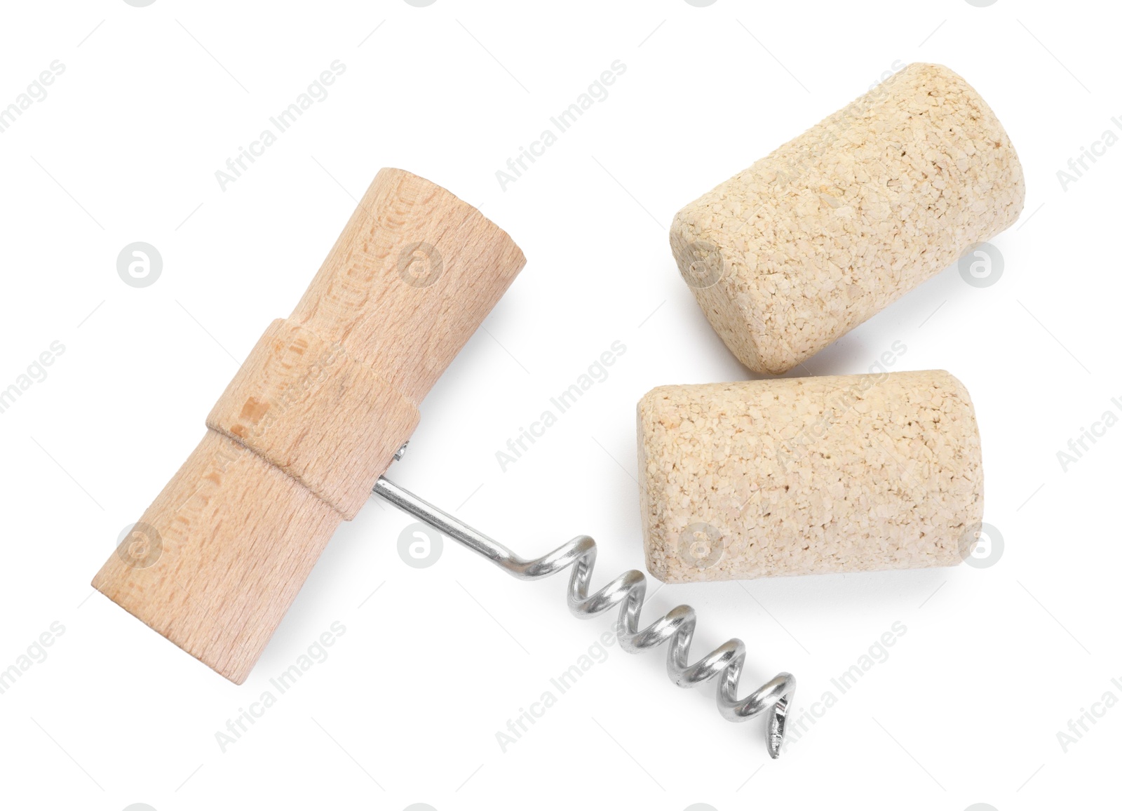 Photo of Corkscrew with wooden handle and corks isolated on white, top view