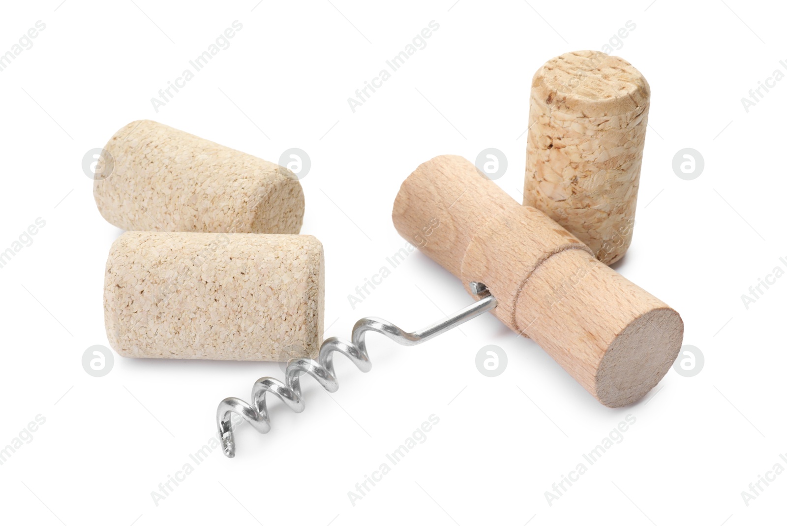 Photo of Corkscrew with wooden handle and corks isolated on white