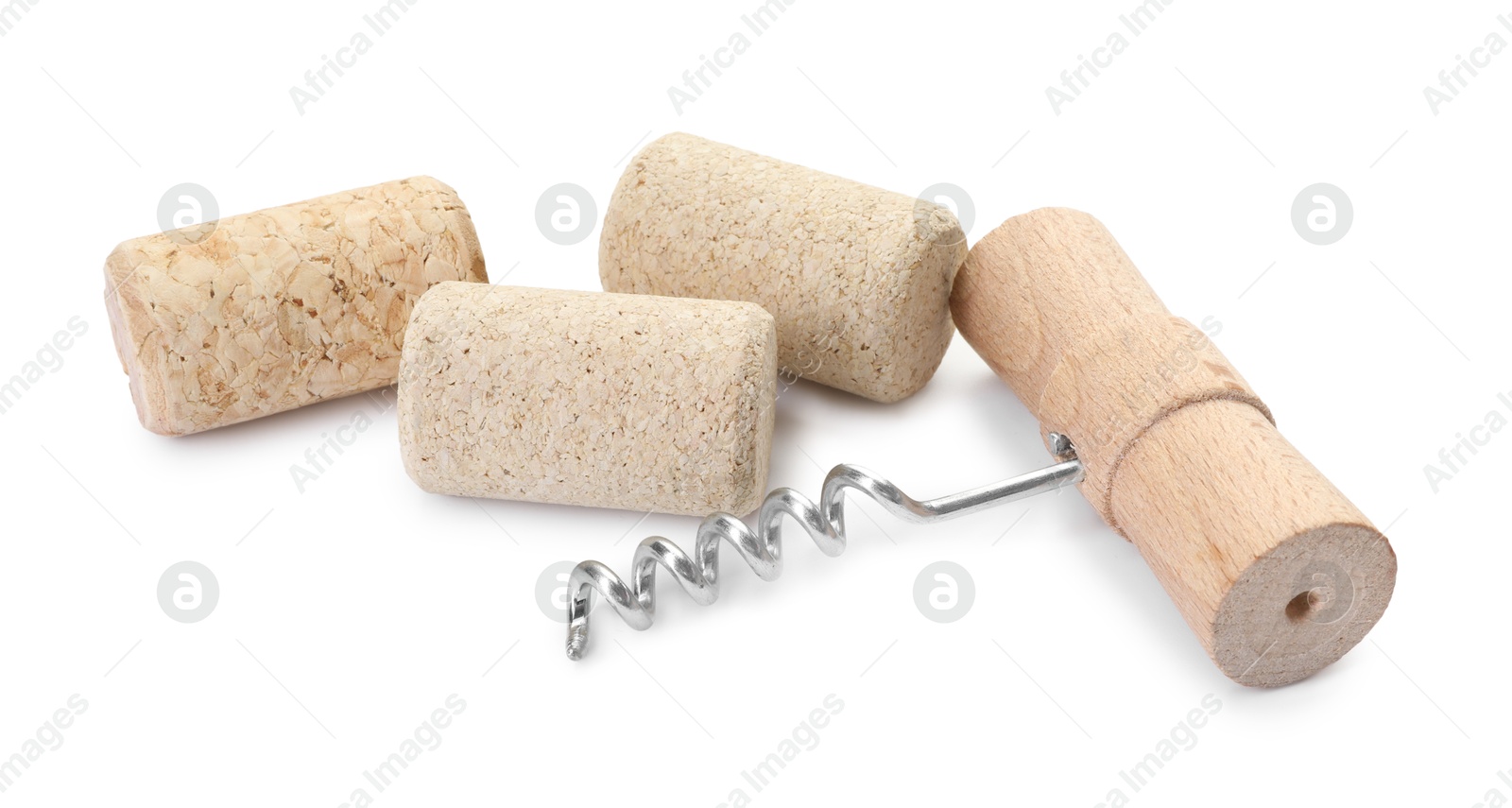 Photo of Corkscrew with wooden handle and corks isolated on white