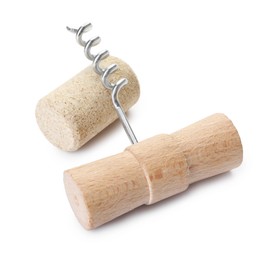 Photo of Corkscrew with wooden handle and cork isolated on white