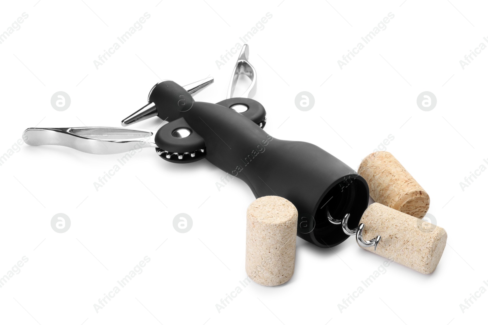 Photo of Wing corkscrew and corks isolated on white