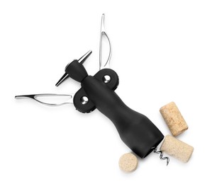 Wing corkscrew and corks isolated on white, top view