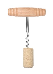 Photo of Corkscrew with wooden handle and cork on white background