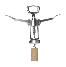 Photo of Wing corkscrew and cork on white background