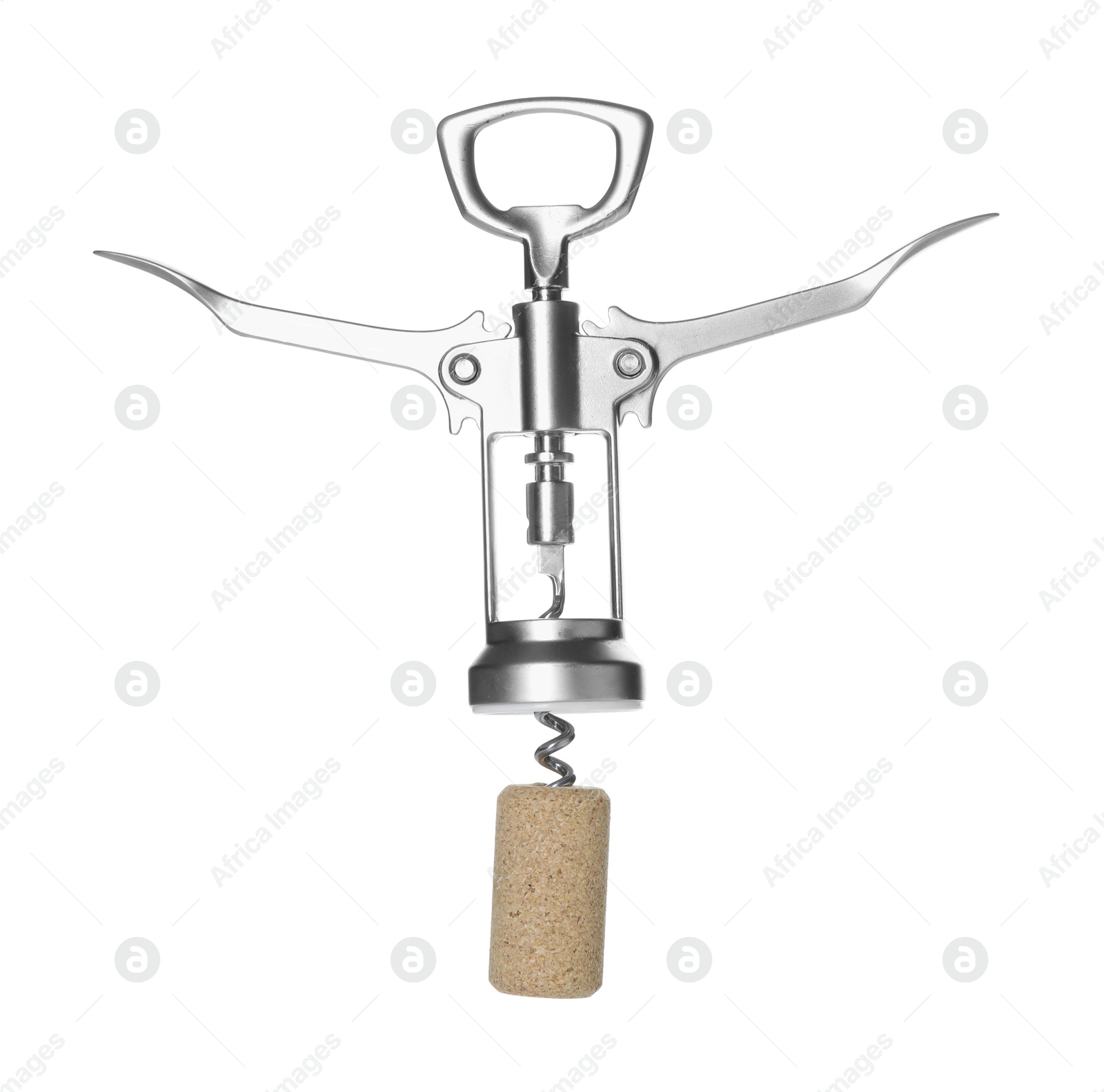 Photo of Wing corkscrew and cork on white background