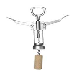 Photo of Wing corkscrew and cork on white background