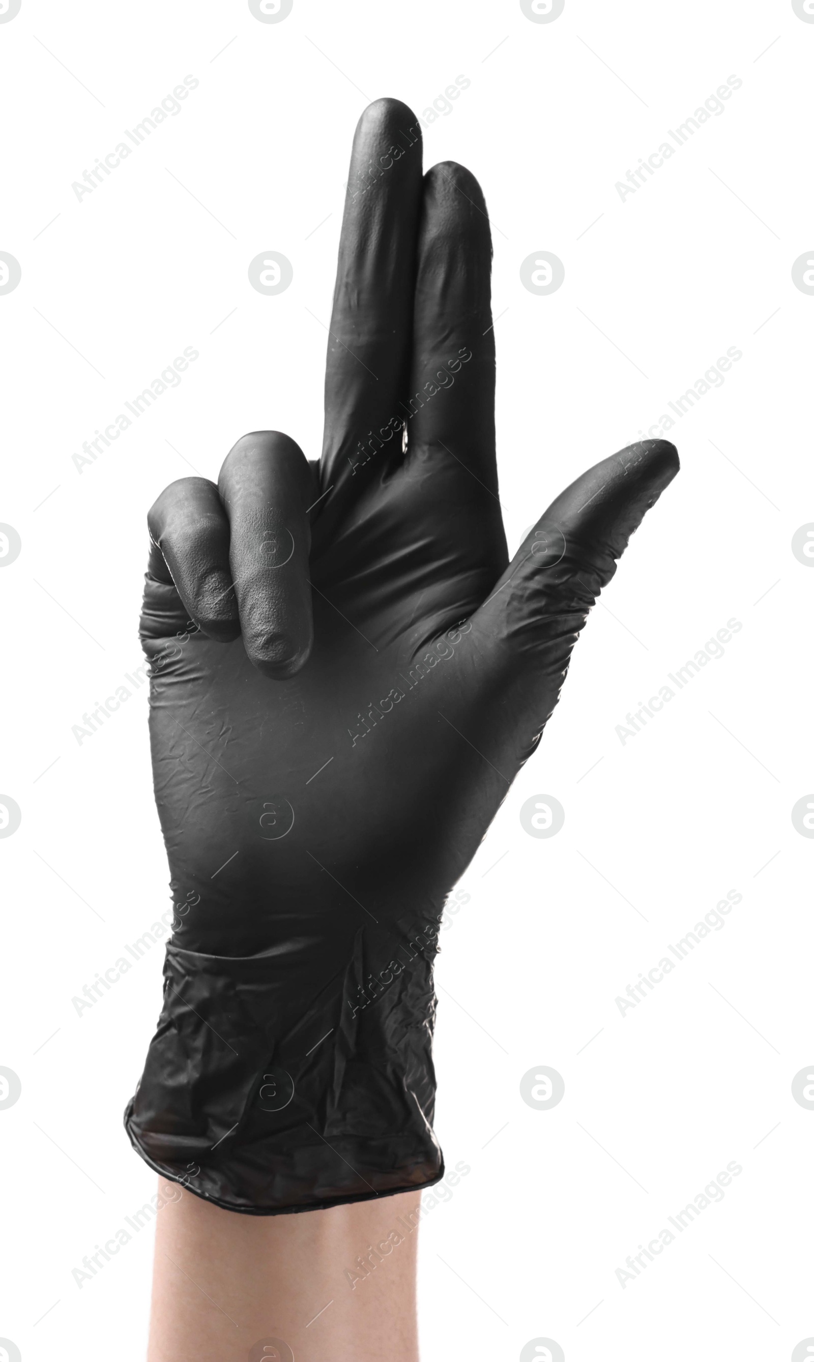 Photo of Man in black latex glove showing three fingers on white background, closeup