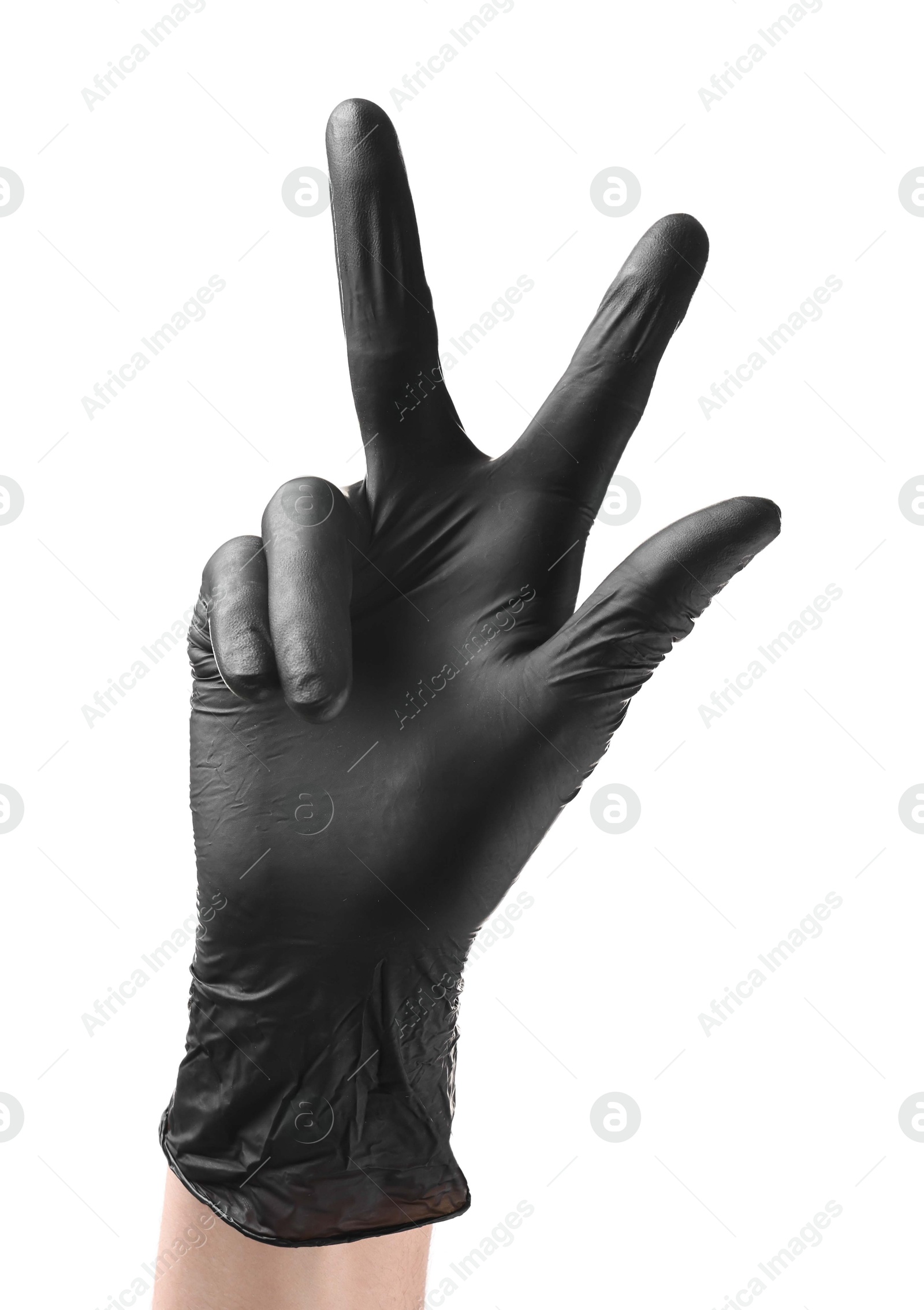 Photo of Man in black latex glove showing three fingers on white background, closeup