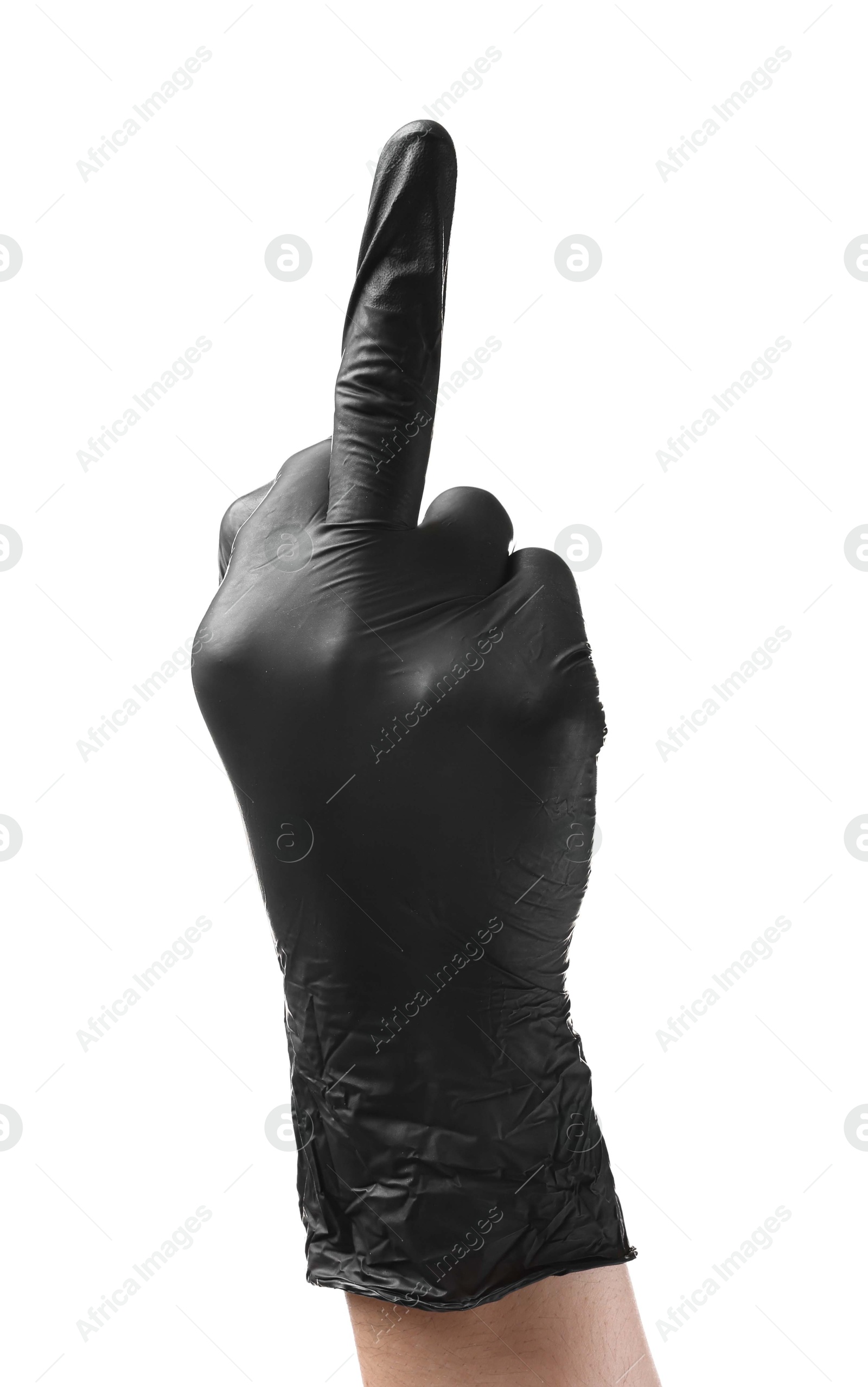 Photo of Man in black latex glove showing middle finger on white background, closeup