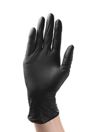 Photo of Man wearing black latex glove on white background, closeup