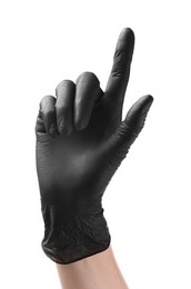 Photo of Man in black latex glove pointing at something on white background, closeup