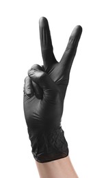 Photo of Man in black latex glove showing V-sign on white background, closeup