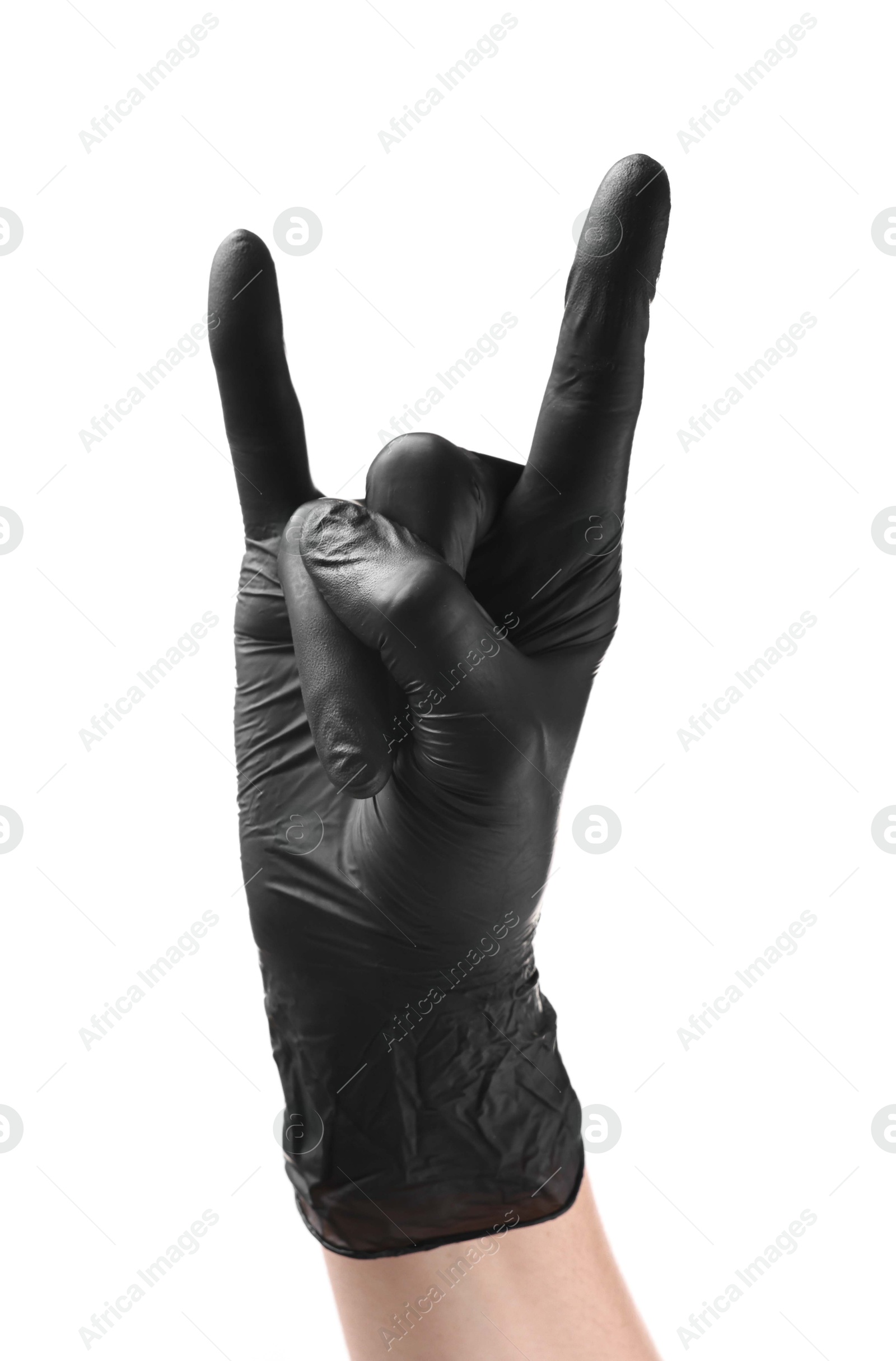 Photo of Man in black latex glove showing rock gesture on white background, closeup