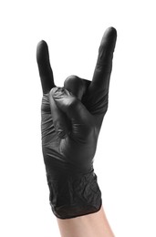 Photo of Man in black latex glove showing rock gesture on white background, closeup