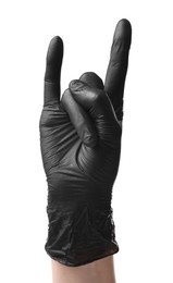 Photo of Man in black latex glove showing rock gesture on white background, closeup