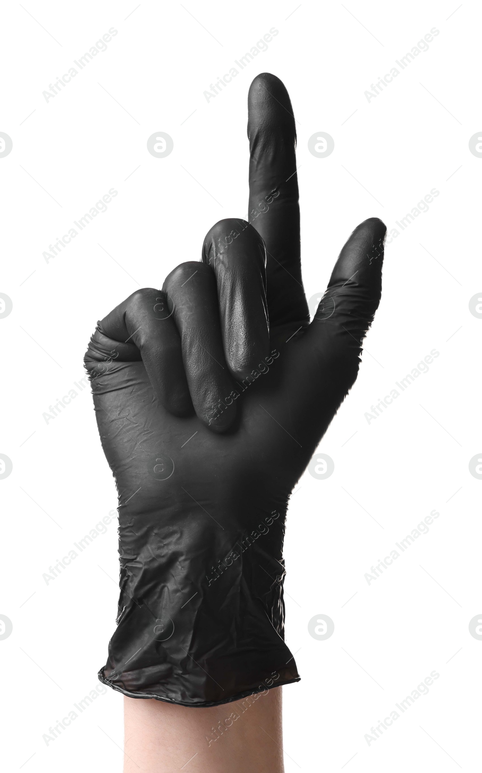 Photo of Man in black latex glove pointing at something on white background, closeup