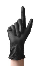 Photo of Man in black latex glove pointing at something on white background, closeup