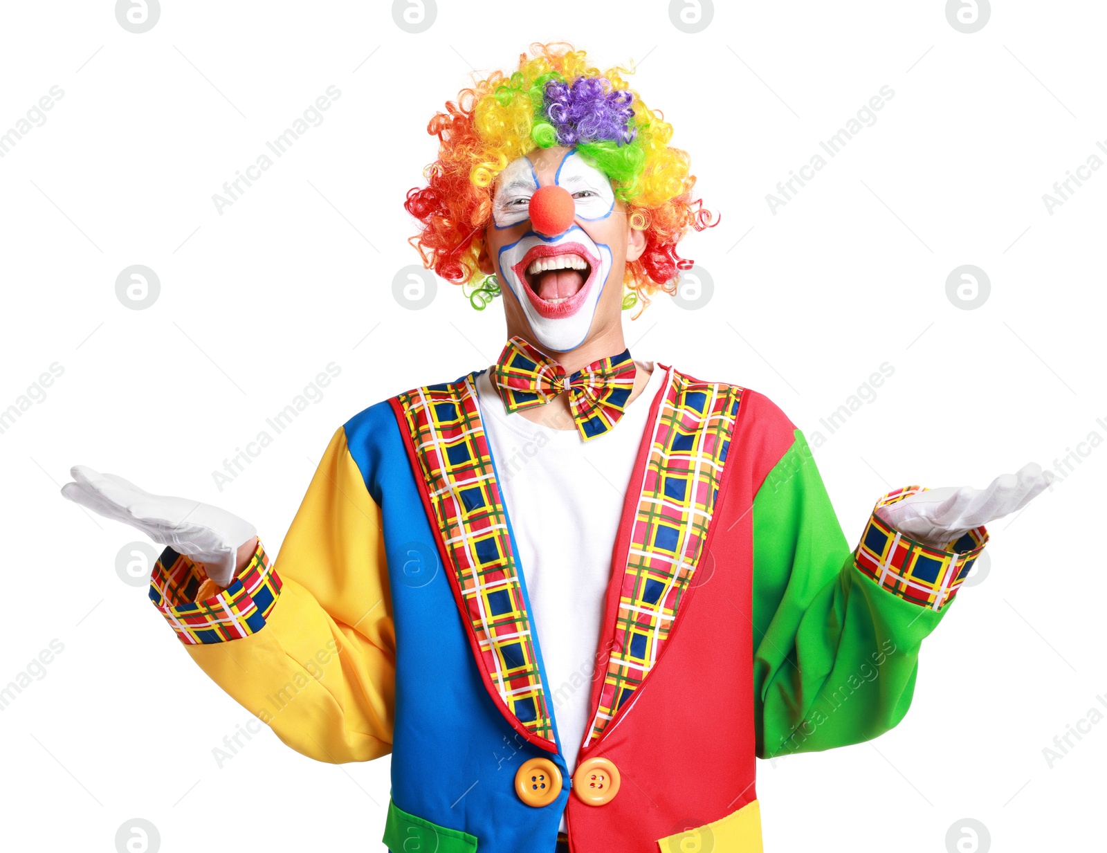 Photo of Portrait of happy clown on white background