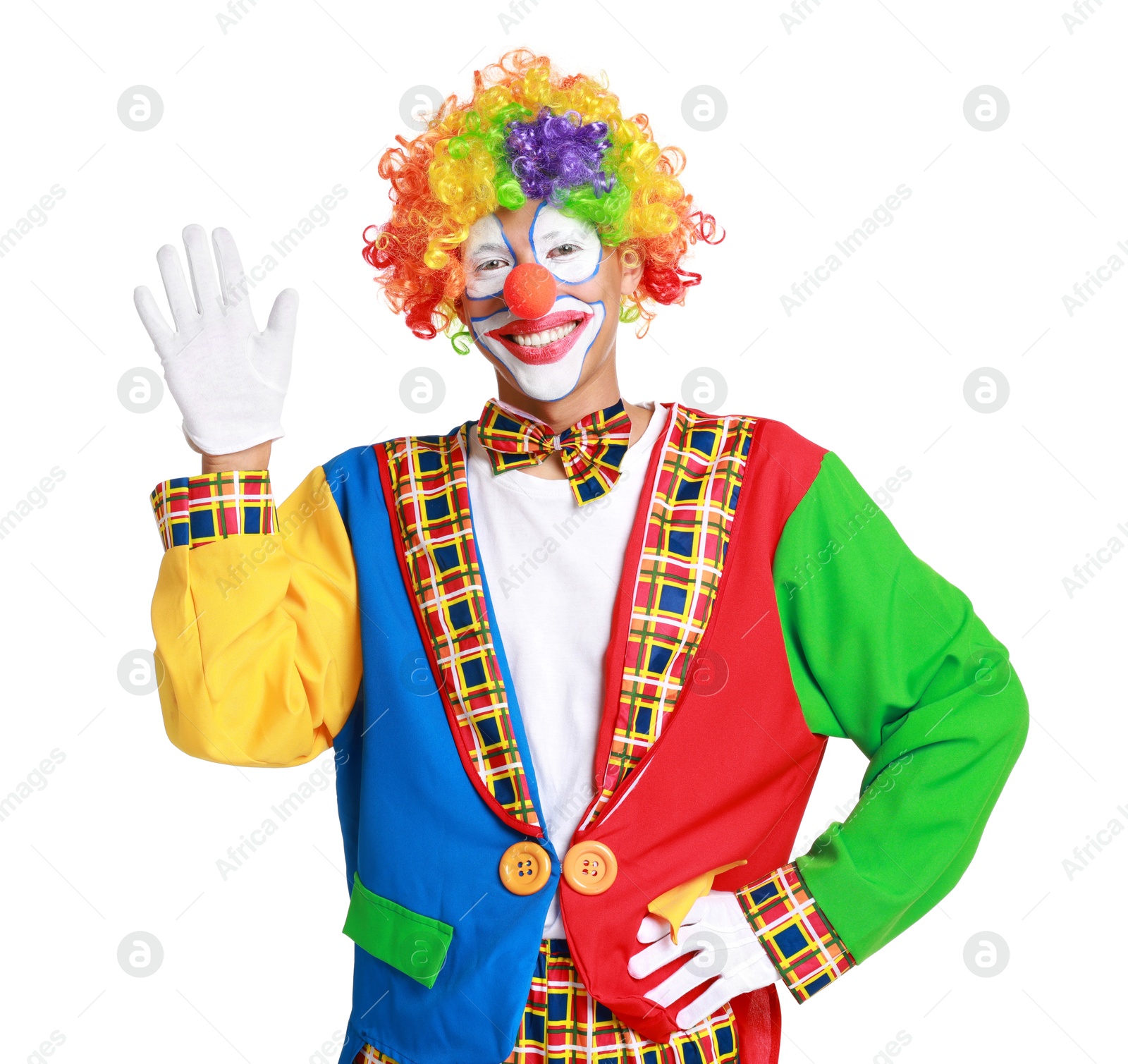 Photo of Portrait of happy clown waving on white background