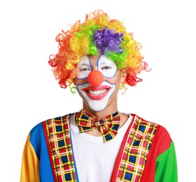 Portrait of happy clown on white background