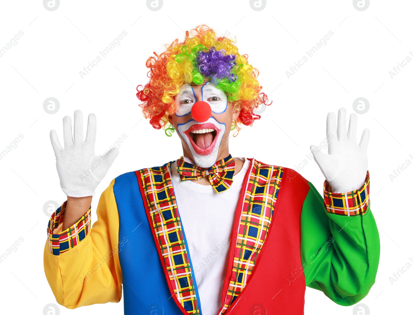 Photo of Portrait of happy clown on white background