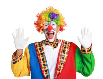 Portrait of happy clown on white background